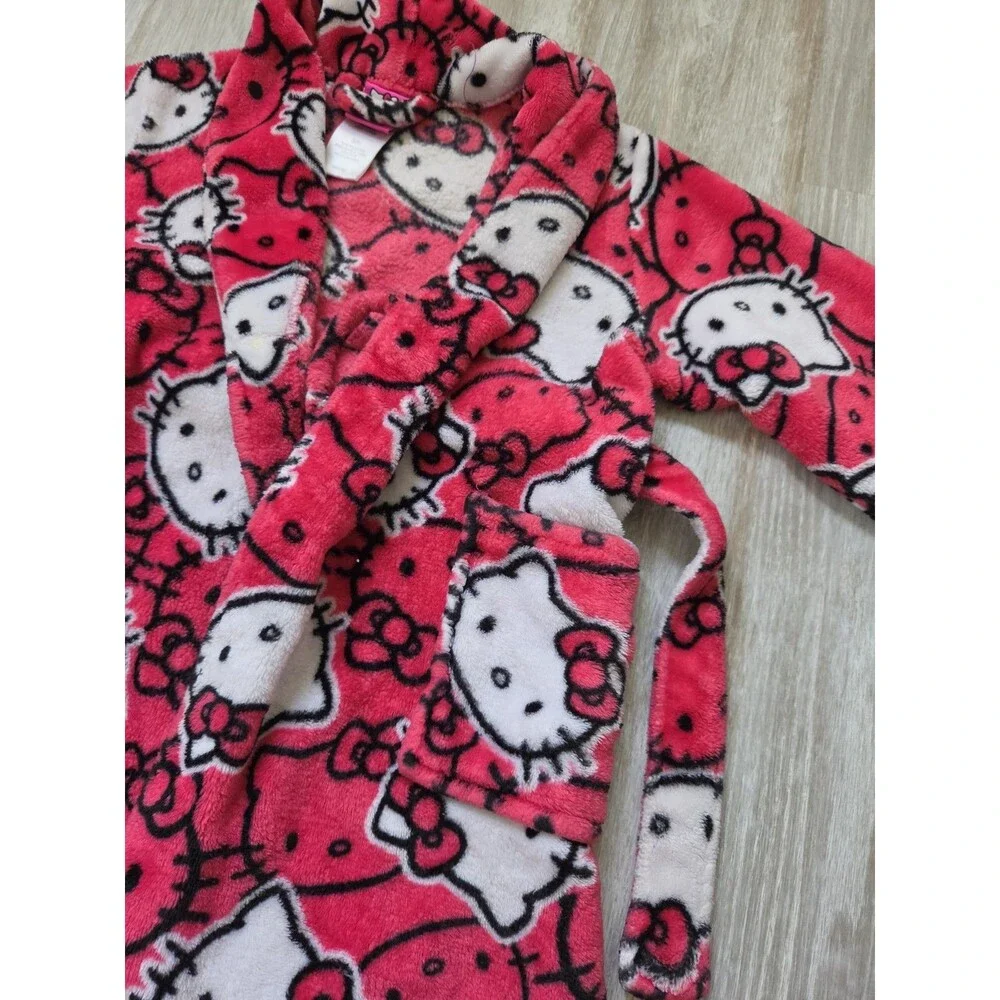 Hello Kitty Plush Fleece Bath Robe Pink Belted Kids Size 6 Cozy Sanrio EUC